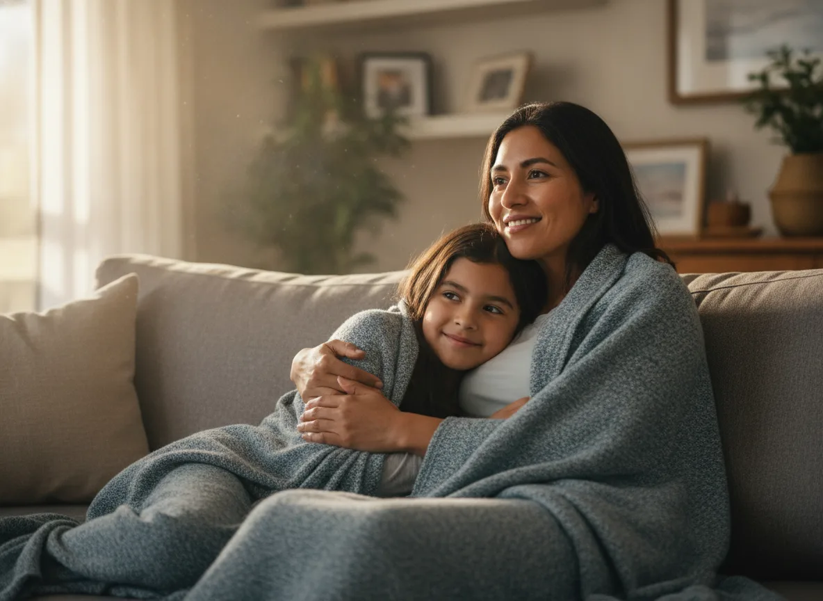 Mother and daughter sitting together at home